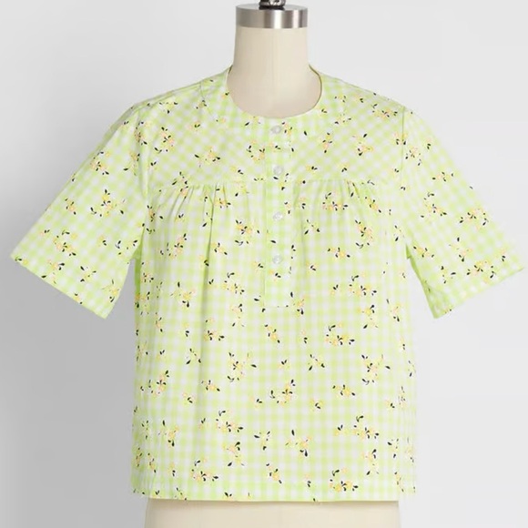 New ModCloth Spring Fun in Gingham Blouse Green Check Floral - Picture 1 of 7